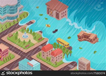 Flood disaster isometric composition with view of city being engulfed by the tidal wave with rain vector illustration