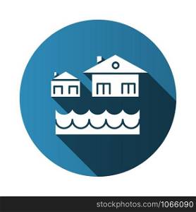 Flood flat design long shadow glyph icon. Overflow of water. Sinking house. Submerged building. Flooding locality. Sea level rise. Natural disaster. Vector silhouette illustration