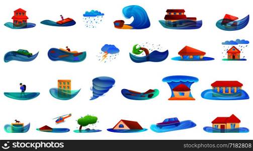 Flood icons set. Cartoon set of flood vector icons for web design. Flood icons set, cartoon style