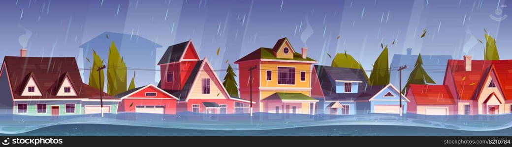 Flood in town, river water stream flow at city street with cottage houses. Natural disaster with rain and storm at countryside area with flooded buildings, climate change. Cartoon vector illustration. Flood in town, river water stream flow at street