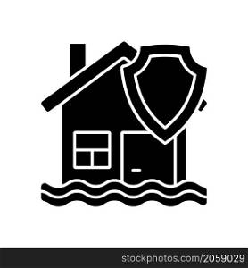 Flood insurance black glyph icon. Protecting house and property from disaster. Insurance support at accident caused of weather. Silhouette symbol on white space. Vector isolated illustration. Flood insurance black glyph icon