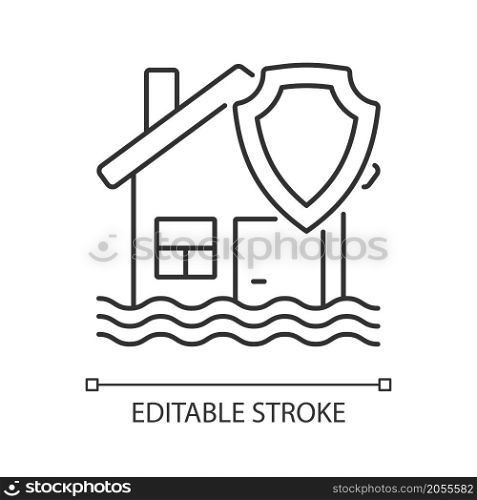 Flood insurance linear icon Insurance at accident caused of weather. Thin line customizable illustration. Contour symbol. Vector isolated outline drawing. Editable stroke. Arial font used. Flood insurance linear icon Insurance at accident caused of weather