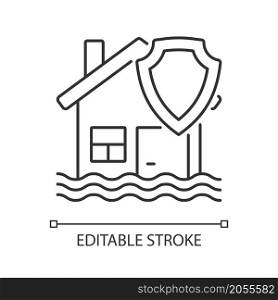 Flood insurance linear icon Insurance at accident caused of weather. Thin line customizable illustration. Contour symbol. Vector isolated outline drawing. Editable stroke. Arial font used. Flood insurance linear icon Insurance at accident caused of weather