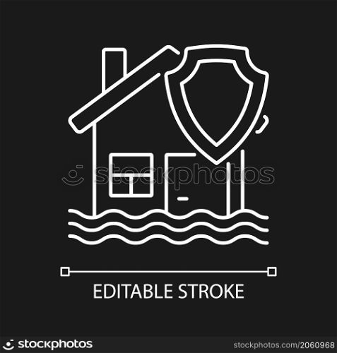 Flood insurance white linear icon for dark theme. Protect property from disaster. Thin line customizable illustration. Isolated vector contour symbol for night mode. Editable stroke. Arial font used. Flood insurance white linear icon for dark theme