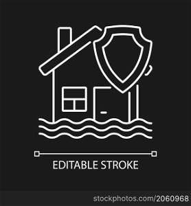 Flood insurance white linear icon for dark theme. Protect property from disaster. Thin line customizable illustration. Isolated vector contour symbol for night mode. Editable stroke. Arial font used. Flood insurance white linear icon for dark theme