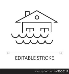 Flood linear icon. Overflow of water. Sinking house. Submerged building. Natural disaster. Thin line illustration. Contour symbol. Vector isolated outline drawing. Editable stroke