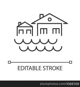 Flood linear icon. Sinking settlement. Submerged houses. Flooding locality. Overflow of water. Thin line illustration. Contour symbol. Vector isolated outline drawing. Editable stroke