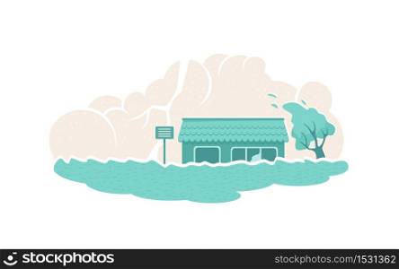Flood natural disaster 2D vector web banner, poster. House in water flat illustration on cartoon background. Heavy rain. Flooded and destroyed house printable patch, colorful web element. Flood natural disaster 2D vector web banner, poster