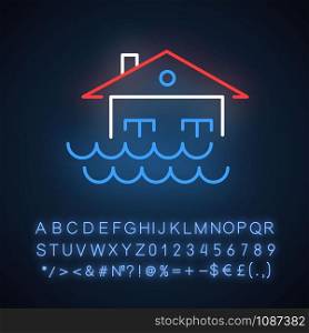 Flood neon light icon. Overflow of water. Sinking house. Submerged building. Flooding locality. Natural disaster. Glowing sign with alphabet, numbers and symbols. Vector isolated illustration