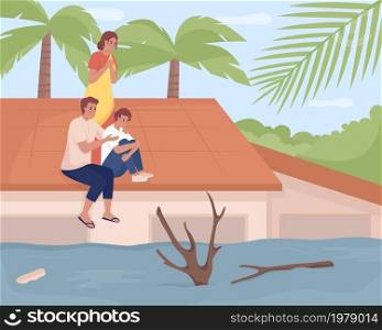 Flooding situation flat color vector illustration. Living in coastal area hazard. Family waiting on floodwater submerged house rooftop 2D cartoon characters with palm trees on background. Flooding situation flat color vector illustration