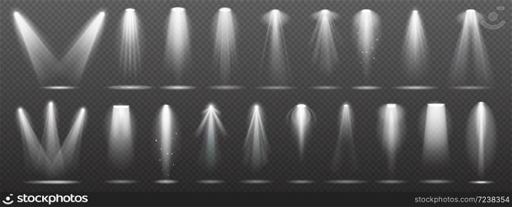 Floodlight or spotlight for stage, scene or podium. White lightning collection set isolated on transparent background. Illumination or bright shine for night event vector illustration. Floodlight or spotlight for stage, scene or podium. White lightning collection set on transparent background