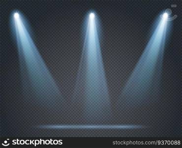 Floodlight shining with white light on corners and middle for stage, scene or podium. Illumination from projector isolated on transparent background. Bright glowing vector illustration. Floodlight shining with white light on corners and middle for stage, scene or podium. Illumination from projector