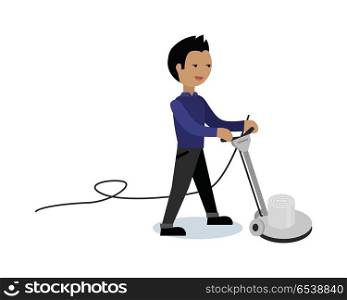 Floor cleaning vector video banner. Flat design. Man working with surface cleaner machine. Illustration for cleaning companies and services advertising. Isolated on white background.. Floor Cleaning Vector Concept Vector In Flat Style. Floor Cleaning Vector Concept Vector In Flat Style