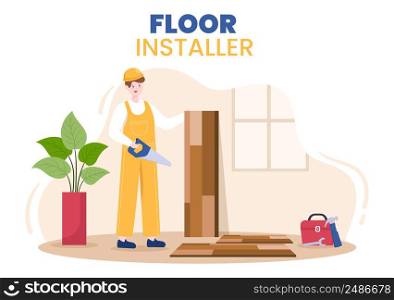 Floor Installation Cartoon Illustration with Repairman, Laying Professional Parquet, Wood or tile Floors in House Flooring Renovation Design