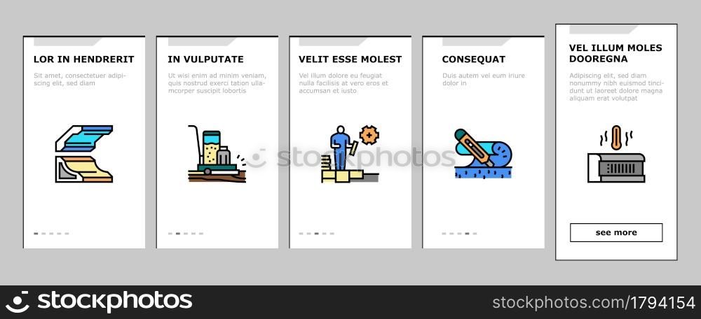 Floor Installation Onboarding Mobile App Page Screen Vector. Carpenter Covering And Floor Heating Electronic System, Plastic And Wood Parquet Layer, Ceramic And Stone Illustrations. Floor Installation Onboarding Icons Set Vector