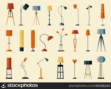 Floor lamp collection. Elegant modern classic silhouette, cartoon room interior design with light bulbs. Vector set of lamp electric graphic illustration. Floor lamp collection. Elegant modern classic silhouette, cartoon room interior design with light bulbs. Vector set