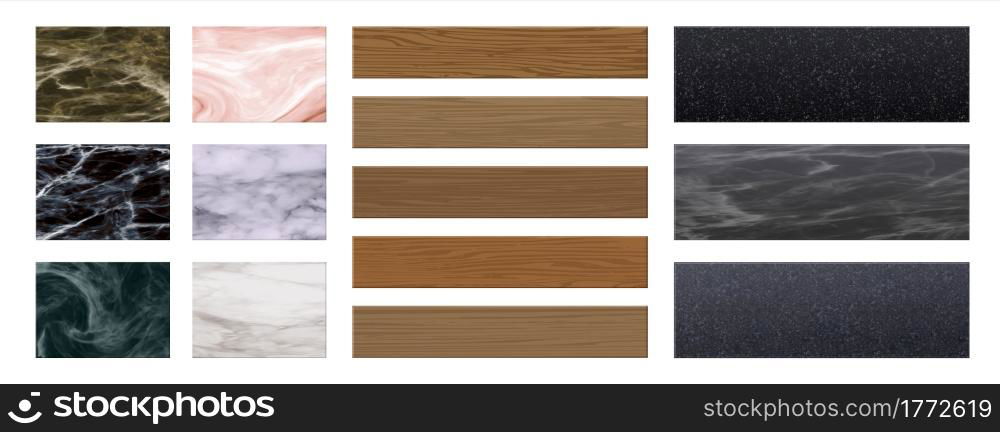 Floor material. Realistic texture of interior cover. Wooden parquet boards. Marble or granite tile. Laminate with woodgrain. Decorative stone or concrete surface samples. Vector flooring templates set. Floor material. Realistic texture of interior cover. Parquet boards. Marble or granite tile. Laminate with woodgrain. Stone or concrete surface samples. Vector flooring templates set