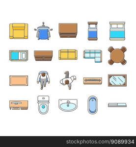 floor plan interior furniture icons set vector. architecture home, house design, room, construction, project view, apartment floor plan interior furniture color line illustrations. floor plan interior furniture icons set vector