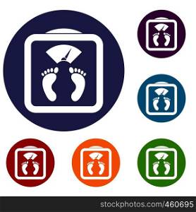 Floor scales icons set in flat circle reb, blue and green color for web. Floor scales icons set