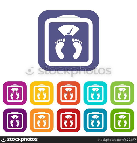 Floor scales icons set vector illustration in flat style in colors red, blue, green, and other. Floor scales icons set