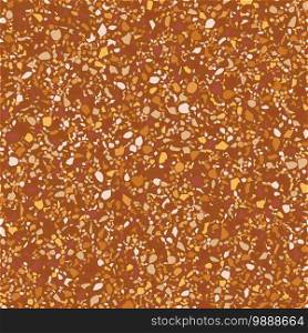 Flooring orange venetian terrazzo seamless pattern. Natural realistic stone imitation, marble confetti background. Vector surface texture of granite, concrete, brown mosaic tile, pebbles, quartz shape.