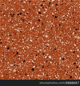 Flooring venetian terrazzo seamless pattern. Natural realistic stone imitation, marble confetti background. Vector surface texture of granite, concrete, red mosaic tile, pebbles, orange quartz shape.