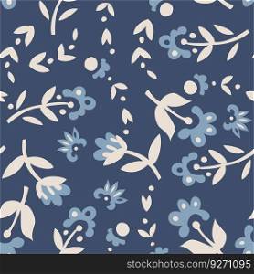 Flora and botany decoration and ornament design, floral motif with leaves and petals. Flourishing and blooming blue plants. Seamless pattern, background print or wallpaper. Vector in flat style. Flowers in blossom, leaves and botany print decor