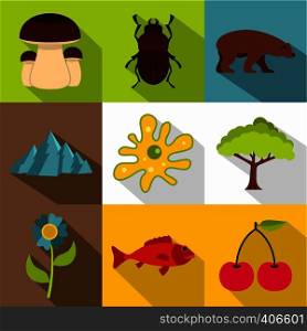 Flora and fauna icons set. Flat illustration of 9 flora and fauna vector icons for web. Flora and fauna icons set, flat style
