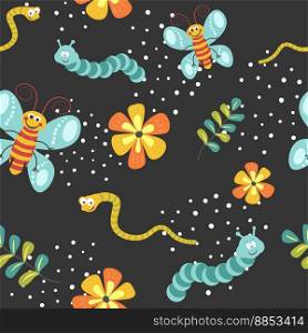 Flora and fauna, insects and flowers. Caterpillars and worms, butterflies with funny facial expressions. Characters and personage. Seamless pattern, wallpaper or background print. Vector in flat style. Insects and flowers worms and caterpillars pattern