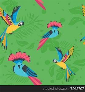 Flora and fauna of tropical countries. Avian animals with colorful plumage and feathers. Foliage and leafage, palm leaves. Seamless pattern, background wallpaper or print. Vector in flat style. Tropical flora and fauna, parrots and birds print