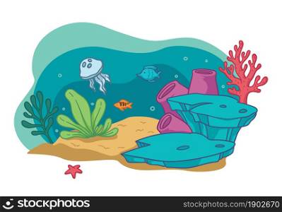 Flora and fauna underwater, aquarium with fish and botanic seaweed and grass. Coral reefs and jelly, starfish and sandy bottom with rocks. Natural environment, marine life. Vector in flat style. Aquarium decor, sea or ocean bottom with flora