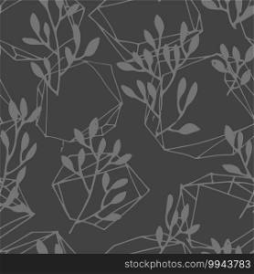 Flora and geometric lines seamless pattern. Abstract background or print in dark shades. Vintage o modern print for fabric textile. Minimalist blossom and contemporary shapes. Vector in flat style. Abstract flora geometric shape seamless pattern