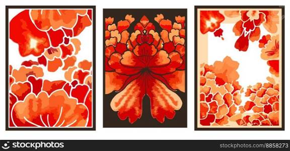 Flora decoration or backgrounds, blooming petals and foliage with copy space for text. Artistic and creative plants and composition, floral design. Greeting card or invitation. Vector in flat style. Flowers in blossom, frames or backgrounds vector