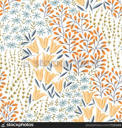 Floral abstract seamless pattern with bright wild field flowers. Simple vintage textile design. Modern vector illustration. Ditsy print. Wallpaper, paper, fabric, textile design.