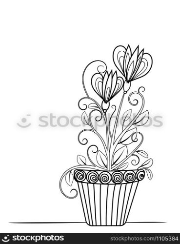 Floral adult coloring page. Black and white doodle flowers. Flower pot line art vector illustration isolated on white background.. floral coloring page