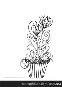 Floral adult coloring page. Black and white doodle flowers. Flower pot line art vector illustration isolated on white background.. floral coloring page