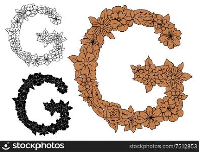Floral alphabet capital letter G with blooming roses, daisies and field flowers. For monogram design in colorless, black and brown color variations