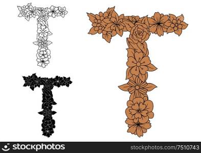 Floral alphabet letter T in uppercase font with decorative flowers in brown, colorless and black color variations. Floral letter T with retro flower blossoms