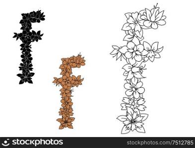 Floral alphabet lowercase letter f adorned by blooming flowers, for romantic design. Outline, brown and black color variations