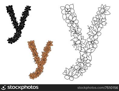 Floral alphabet small letter Y with dainty motif of blooming flowers and foliage. Vintage stylized font usage. Letter Y with floral motif elements