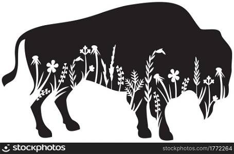 Floral American bison (buffalo) vector icon (grass silhouettes - flowers and plants).