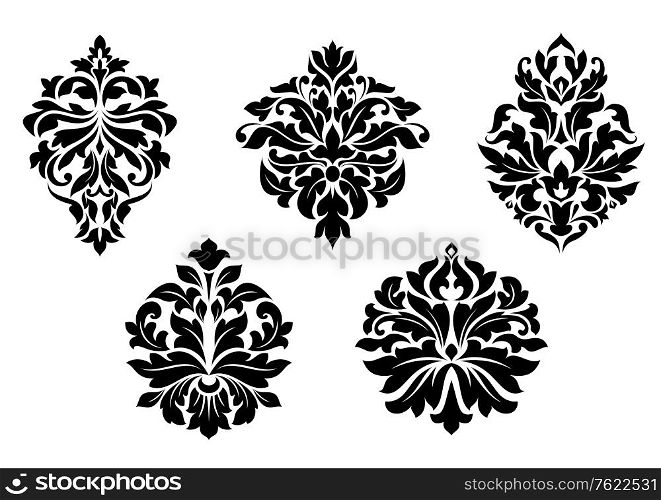 Floral and foliate damask design elements set isolated on white