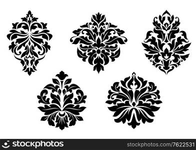 Floral and foliate damask design elements set isolated on white
