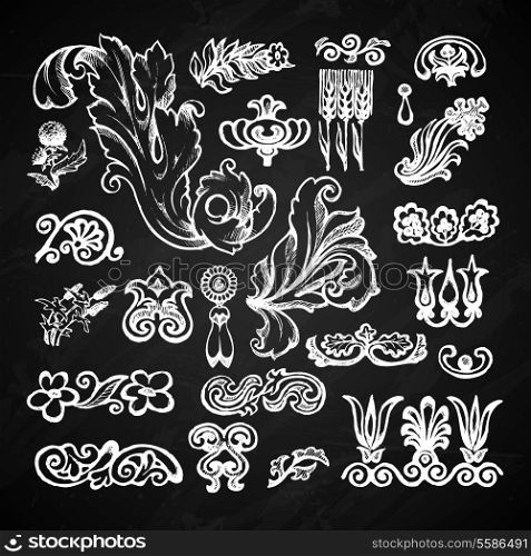 Floral and leaves decorative elements chalkboard set isolated vector illustration