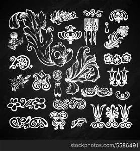 Floral and leaves decorative elements chalkboard set isolated vector illustration