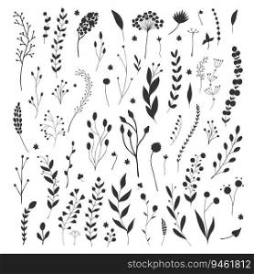 Floral and plant collection with various hand drawn flower silhouettes. Botanical elements isolated on white background. Flower bed. Botanical set