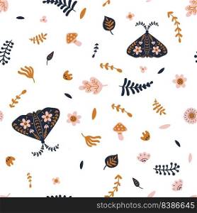Floral animal seamless pattern. Moth and plant branches. Summer herbs. Forest leaves or mushrooms. Cute insect. Repeated print with flying butterfly and blooming flowers. Vector natural background. Floral animal seamless pattern. Moth and plant branches. Summer herbs. Forest leaves or mushrooms. Repeated print with flying butterfly and blooming flowers. Vector natural background