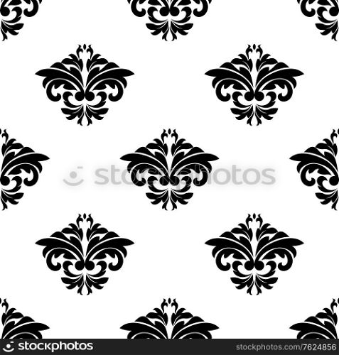 Floral arabesque motifs in a repeat black and white seamless damask pattern suitable for wallpaper, tiles and textile design. Floral motifs in a repeat seamless damask pattern