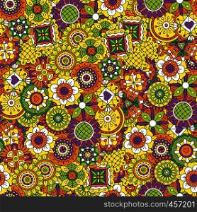 Floral background colored yellow and purple made of beautiful geometric designs and other intricate patterns. Floral background colored yellow and purple