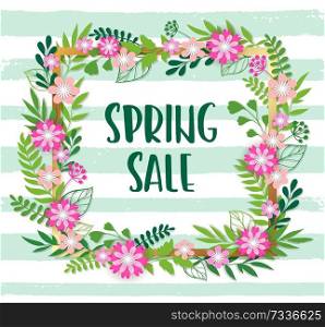 Floral background for seasonal spring sale with green leaves and pink flowers. Vector illustration